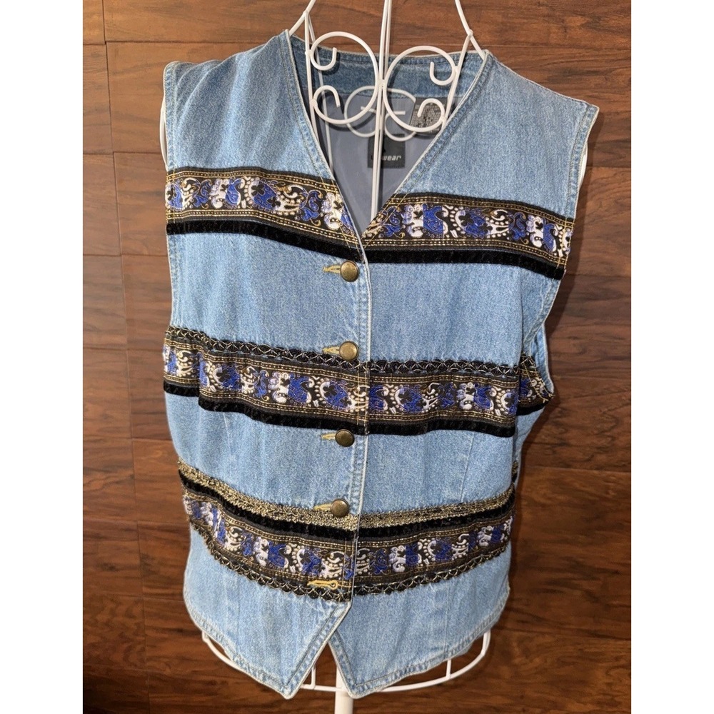Vintage Lizwear Embroidered Denim Vest Size M Boho Western 90s (Read Below)